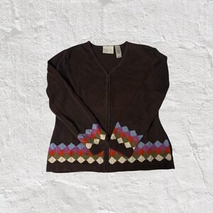 Vintage First Issue Liz Claiborne Zip Up Sweater Women Sz M Brown Patterned